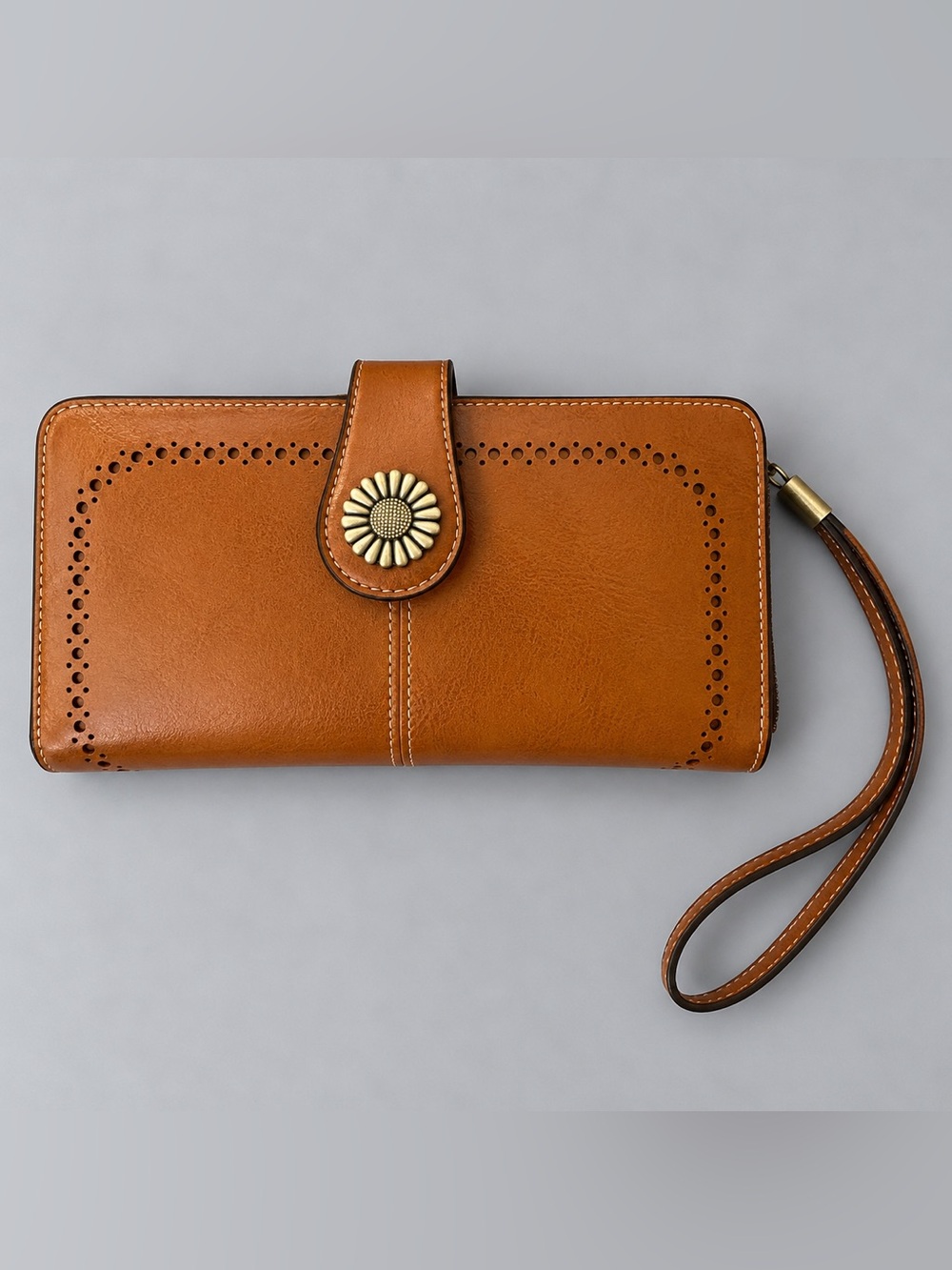 Cognac Brown Wristlet Wallet Floral Concho Western Boho Clutch